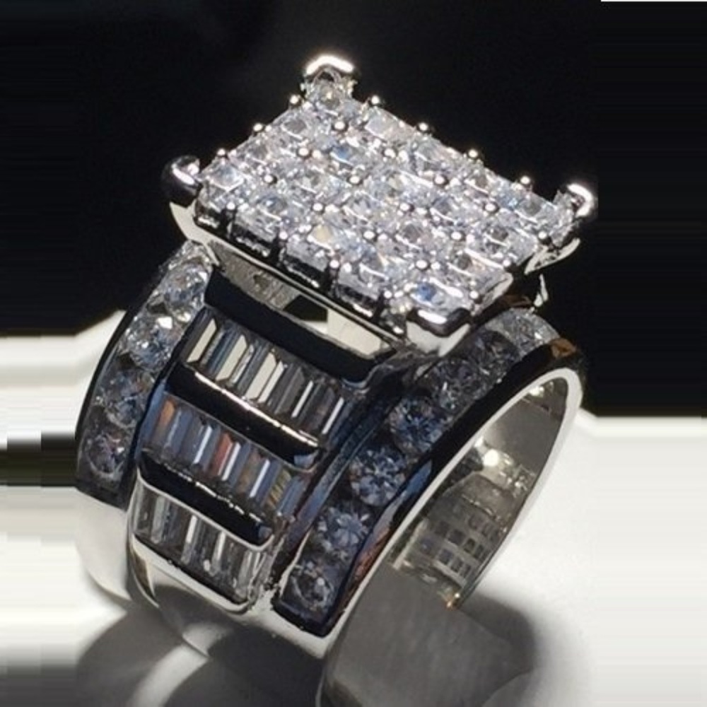 Luxury Platinum Filled 925 Silver CZ Wide Band New